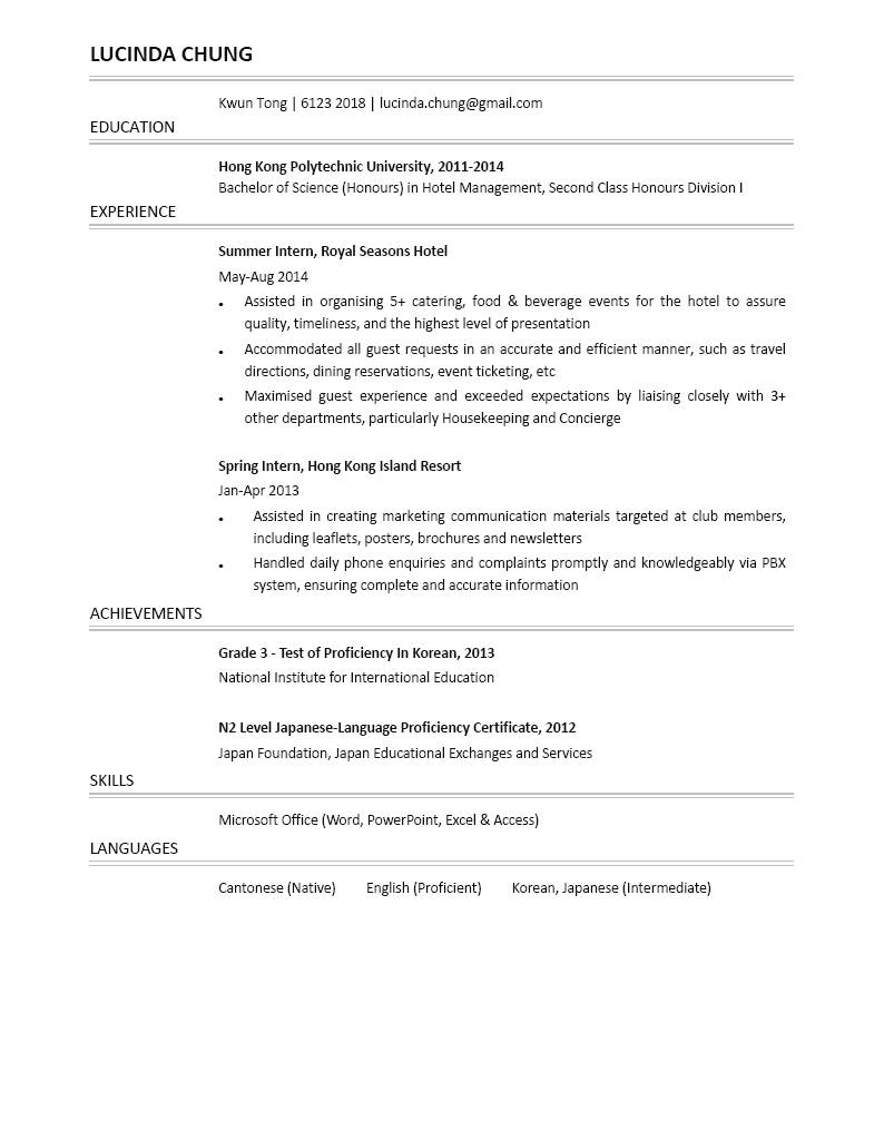 resume for hotel and restaurant management fresh graduate