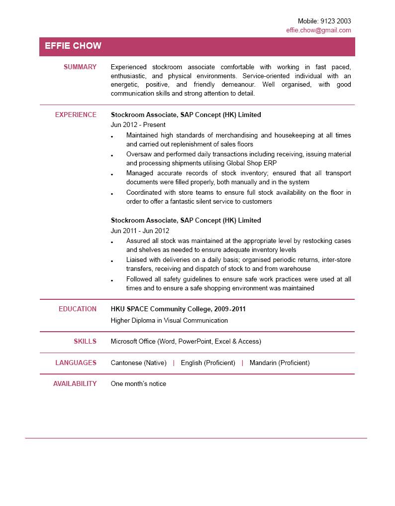 Stockroom Associate Cv Ctgoodjobs Powered By Career Times